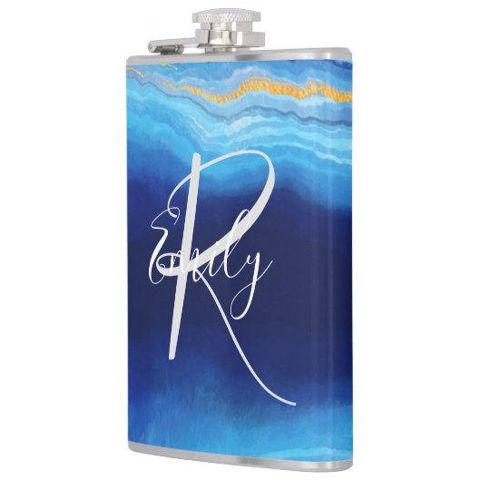 Deep Indigo Agate Abstrakt Name Monogram Co Flachmann (Links)