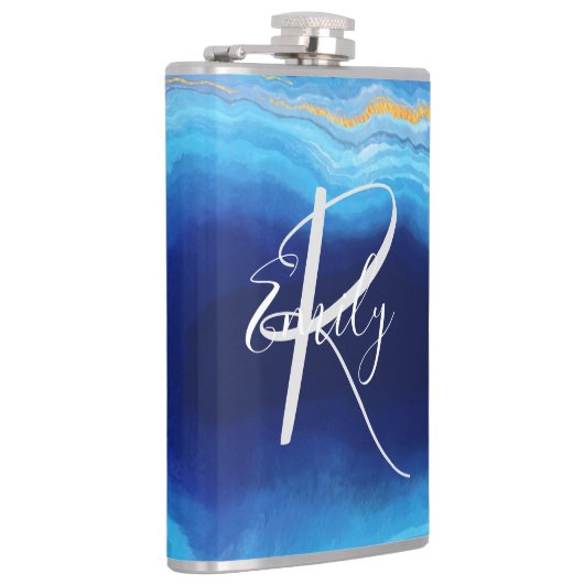 Deep Indigo Agate Abstrakt Name Monogram Co Flachmann (Rechts)