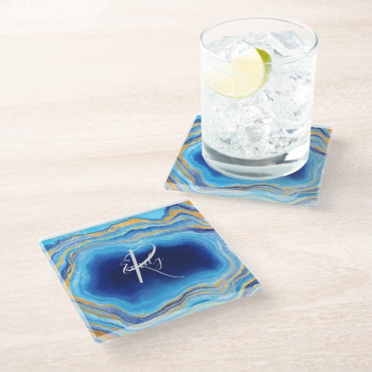 Deep Indigo Agate Abstrakt Name Monogram Co Glasuntersetzer (Schrägansicht)