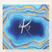 Deep Indigo Agate Abstrakt Name Monogram Co Glasuntersetzer (Vorderseite)