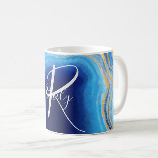 Deep Indigo Agate Marble Abstrakt Name Monogram Kaffeetasse (VorderseiteRechts)