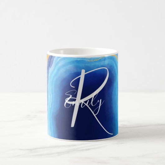 Deep Indigo Agate Marble Abstrakt Name Monogram Kaffeetasse (Mittel)