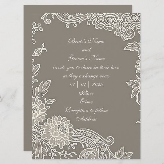 Deep Khaki Gray mit floraler Scroll Wedding Einladung (Vorne/Hinten)