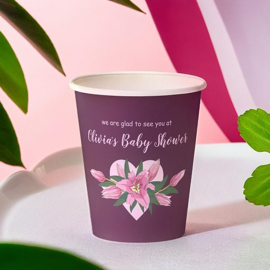 Deep Lila Blooming Lilies Baby Shower Pappbecher