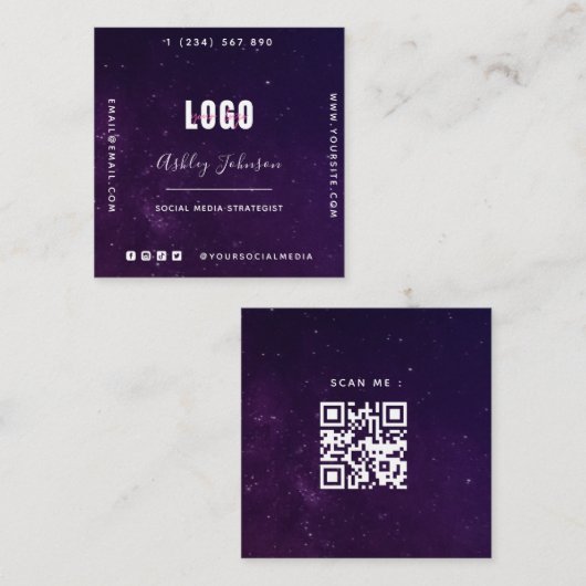 Deep Lila Galaxy Space Universe QR Code & Logo Quadratische Visitenkarte (Vorne/Hinten)