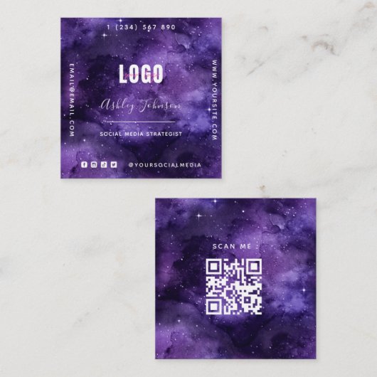 Deep Lila Galaxy Space Universe QR Code & Logo S Quadratische Visitenkarte (Vorne/Hinten)
