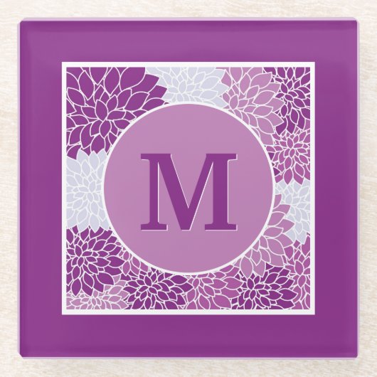 Deep Lila Mit Monogramm Dahlia Floral Glasuntersetzer (Vorderseite)