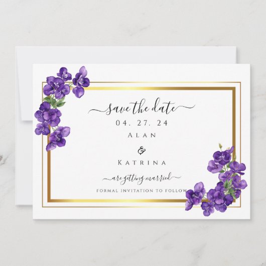 Deep Lila Violets Save the Date Card (Vorderseite)
