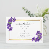 Deep Lila Violets Save the Date Card (Stehend Vorderseite)