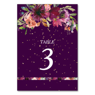 Deep Lila Vivid Floral Gold Confetti Wedding Tischnummer