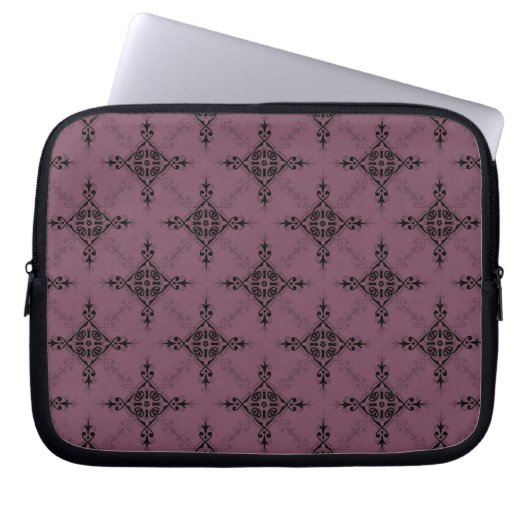 Deep Mauve und Black Damask Muster Laptopschutzhülle (Vorderseite)