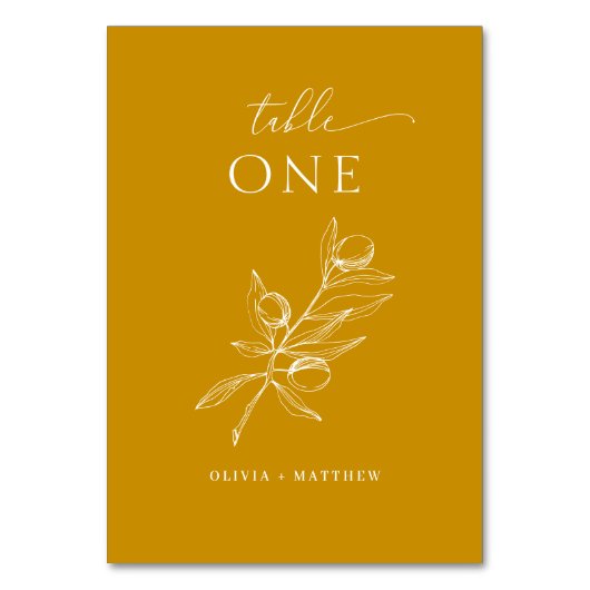 Deep Mustard Yellow Olive Wedding | Eleganter Fall Tischnummer (Vorderseite)