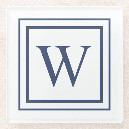 Deep Navy And White Square Border Monogram  Glasuntersetzer (Vorderseite)
