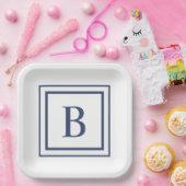 Deep Navy And White Square Border Monogram Pappteller (Party)