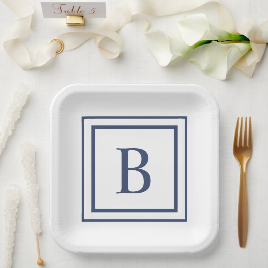Deep Navy And White Square Border Monogram Pappteller (Hochzeit)