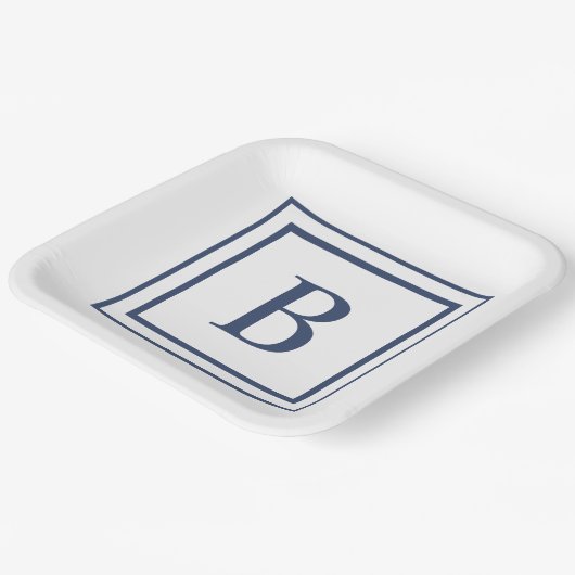 Deep Navy And White Square Border Monogram Pappteller (Gewinkelt)