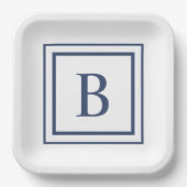 Deep Navy And White Square Border Monogram Pappteller (Vorderseite)