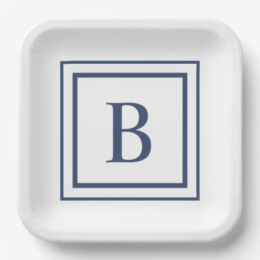 Deep Navy And White Square Border Monogram Pappteller (Vorderseite)