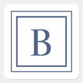 Deep Navy And White Square Border Monogram Quadratischer Aufkleber (Vorderseite)