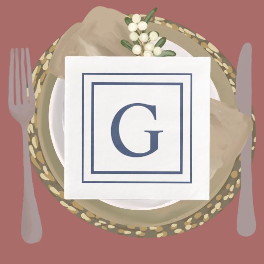 Deep Navy And White Square Border Monogram Serviette