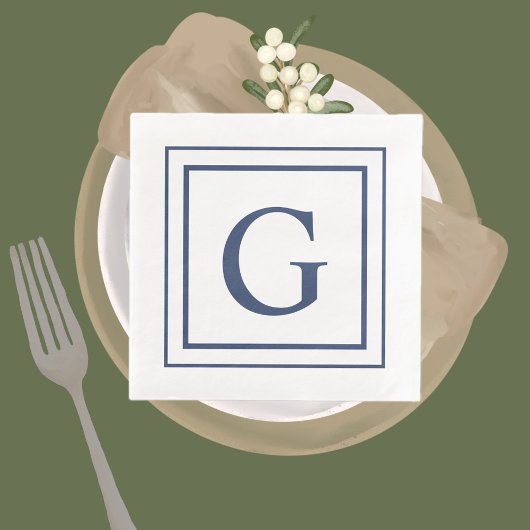 Deep Navy And White Square Border Monogram  Serviette