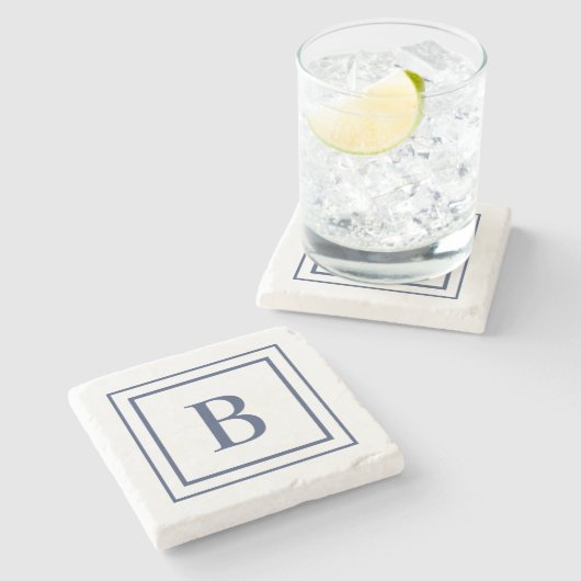 Deep Navy And White Square Border Monogram  Steinuntersetzer (Seitenansicht)