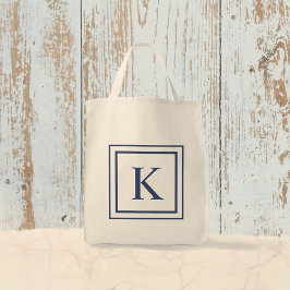 Deep Navy And White Square Border Monogram Tragetasche