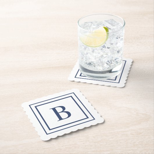 Deep Navy And White Square Border Monogram  Untersetzer (Vor Ort)
