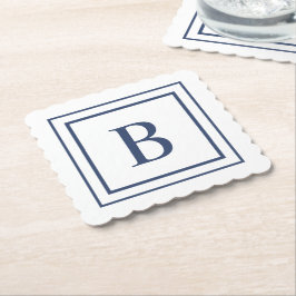 Deep Navy And White Square Border Monogram Untersetzer
