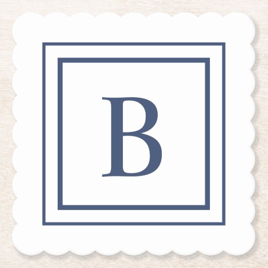 Deep Navy And White Square Border Monogram Untersetzer (Vorderseite)