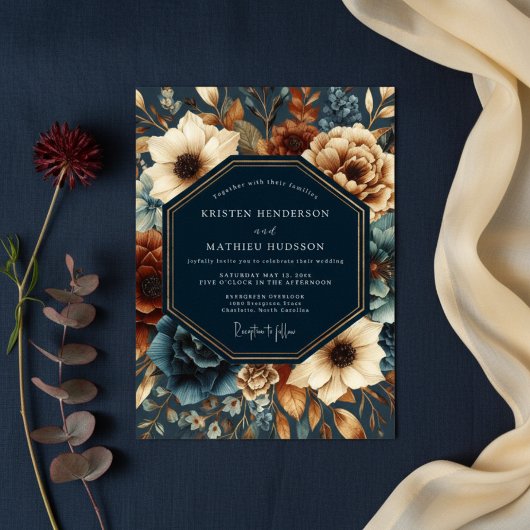 Deep Navy Autumn Bloom Wedding Einladung