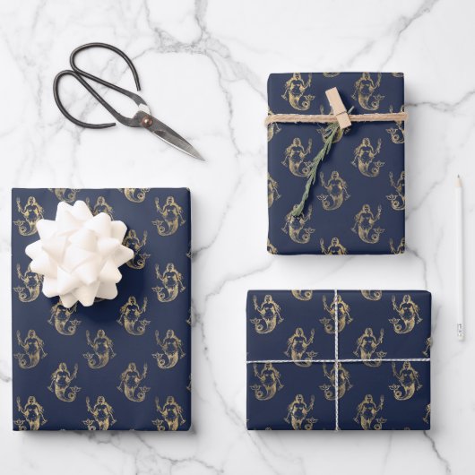 Deep Navy Blue and Metallic Gold Mermaid Party Geschenkpapier Set (Vorderseite)