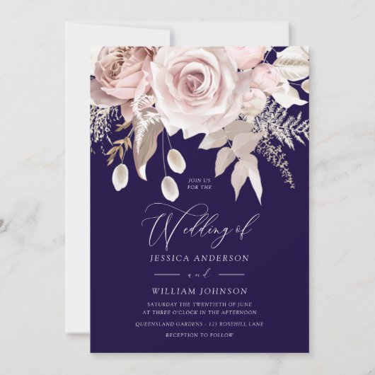 Deep Navy & Blush Designer Dusty Rose Wedding Einladung (Vorderseite)