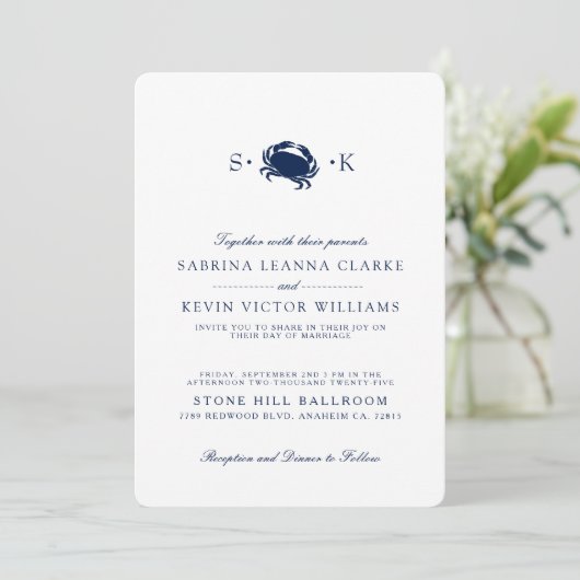 Deep Navy Crab | Blue Stripes Hochzeitseinladung Einladung (Stehend Vorderseite)
