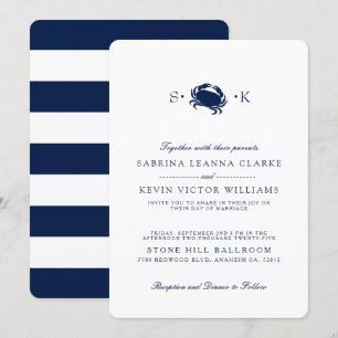 Deep Navy Crab   Blue Stripes Hochzeitseinladung Einladung