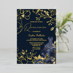 Deep Navy Floral & Dress Quinceanera Gold Blätter Folieneinladung