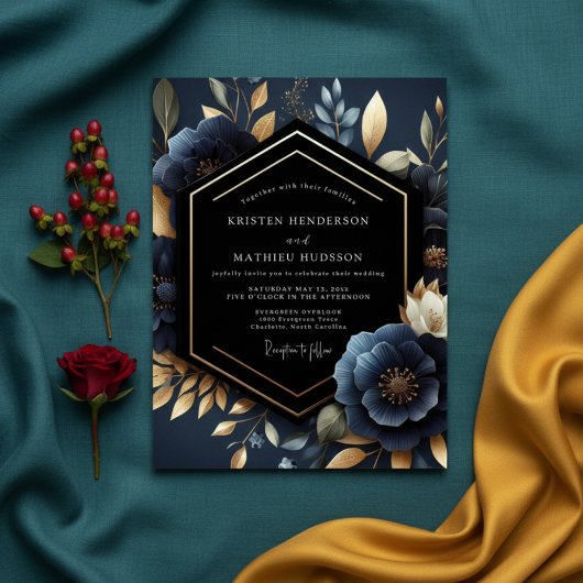Deep Navy Floral Luxe Wedding Einladung