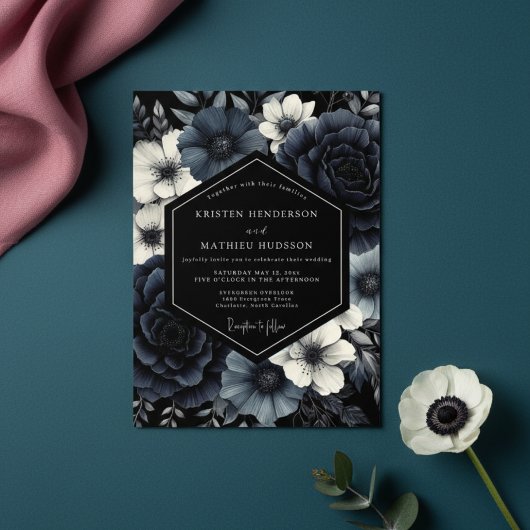 Deep Navy Floral Opulence Wedding Einladung
