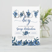Deep Navy Floral und Silver Letters Baby Boy Boho Einladung (Stehend Vorderseite)