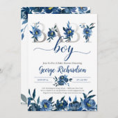 Deep Navy Floral und Silver Letters Baby Boy Boho Einladung (Vorne/Hinten)