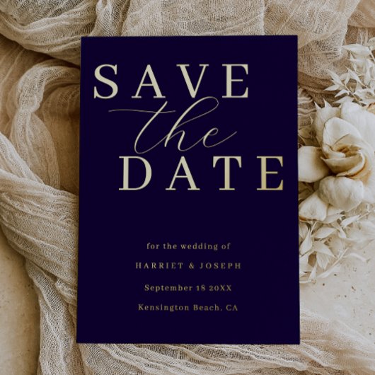 Deep Navy & Gold Foil Wedding Save The Date Folieneinladung