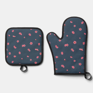 Deep Navy Japanese Red Plum Blossom Floral Pattern Ofenhandschuh & Topflappen-Set