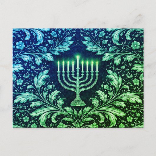 Deep Navy Menorah William Morris Pattern Postkarte (Vorderseite)
