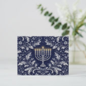 Deep Navy Menorah William Morris Pattern Postkarte (Stehend Vorderseite)