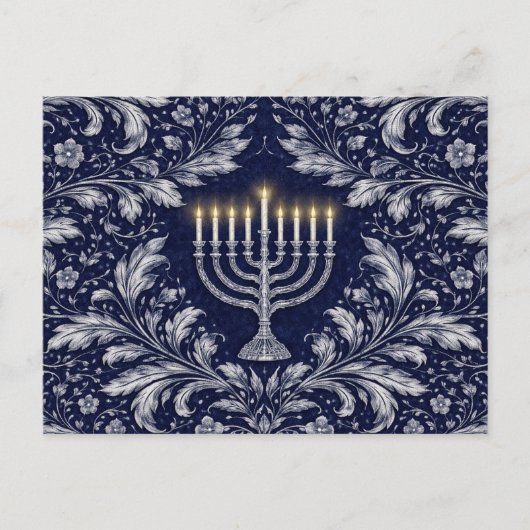Deep Navy Menorah William Morris Pattern Postkarte (Vorderseite)