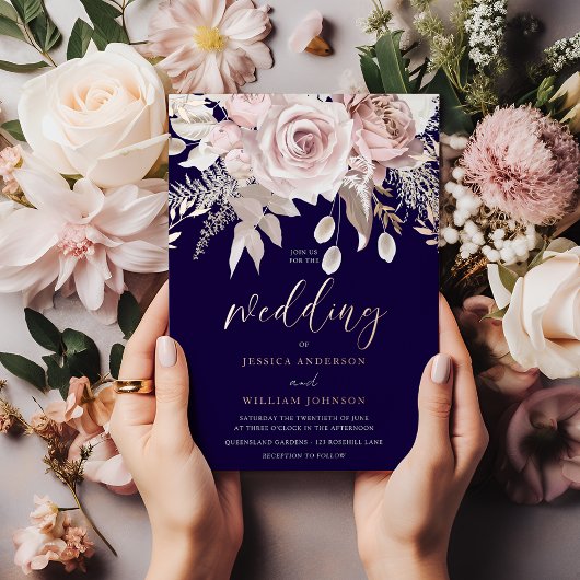 Deep Navy & Rose Gold Blush Floral Wedding Folieneinladung