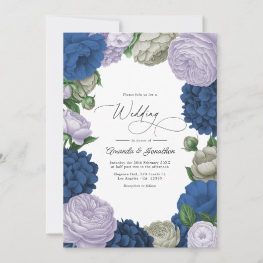 Deep Navy, Soft Lilac & Cloud Gray Floral Wedding Einladung (Vorderseite)