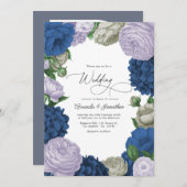 Deep Navy, Soft Lilac & Cloud Gray Floral Wedding Einladung (Vorne/Hinten)