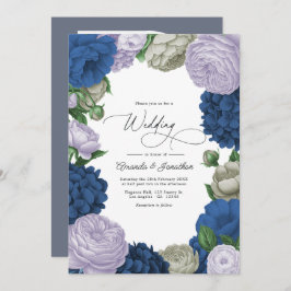 Deep Navy, Soft Lilac & Cloud Gray Floral Wedding Einladung