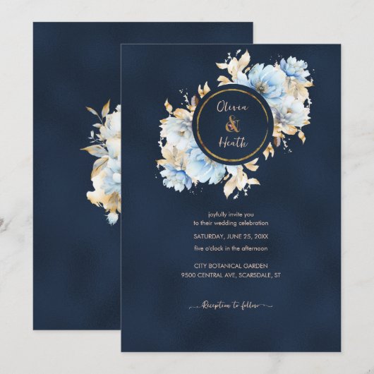 Deep Navy und Ice Blue Wedding Einladung (Vorne/Hinten)